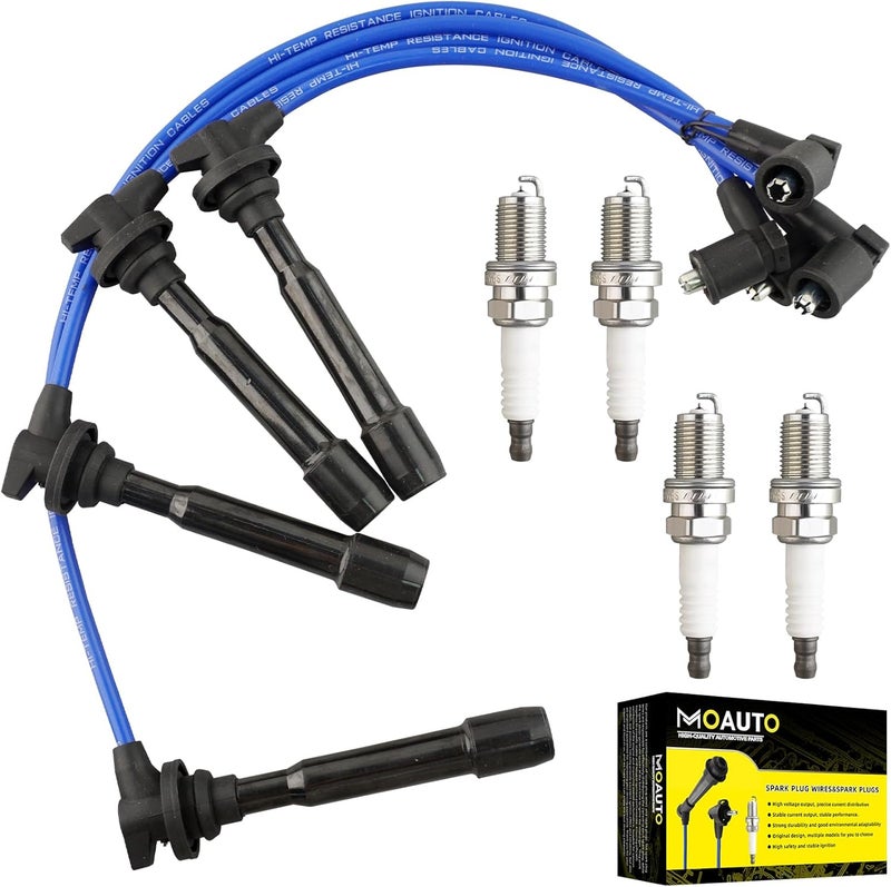 MOAUTO مجموعة 4 قطع شمعات إشعال إيريديوم مع مجموعة أسلاك 27501-23B70 7962 RC-XX90 671-4239 متوافقة مع هيونداي إيلانtra توكسون تيبورون كيا سبورتاج سبيكتر سبيكتر5 - L4 2.0L - Image 1